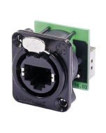 Neutrik Ethercon D-size Feedthrough receptacle in D-sized black chrome metal flange with the secure latching system. Black
