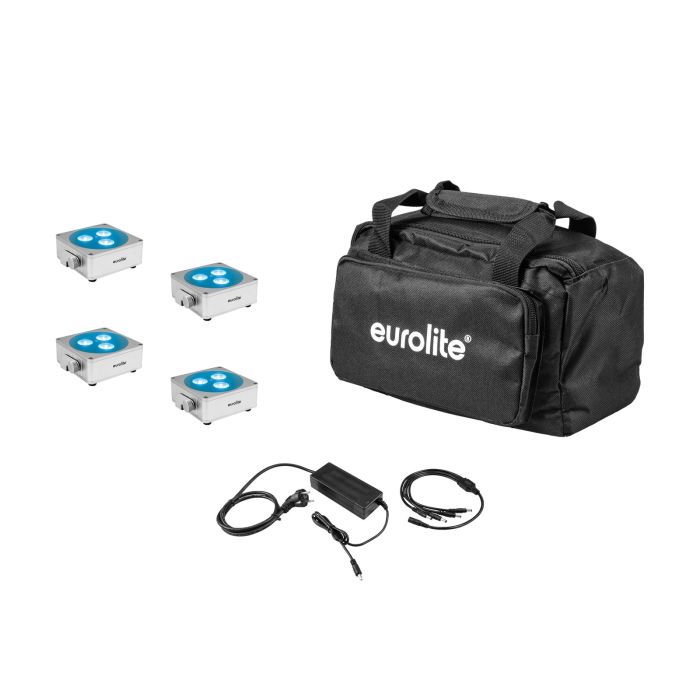 EUROLITE Set 4x AKKU Flat Light 3 sil + Charger + Soft-Bag